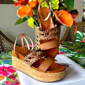 Brand New Jessica Simpson Callri Wedge Sandals Woven Raffia Cork Platform Ankle